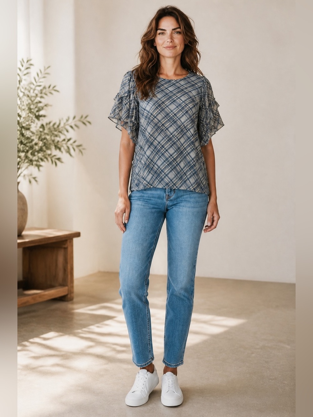 The Clothing Company Plaid Blue Ruffle short Sleeve TOP. NWT
